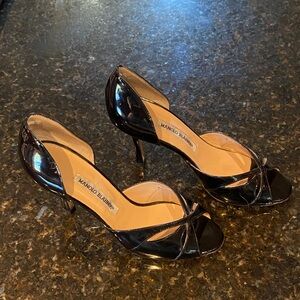 Manolo Blahnik Shiny Black Peep-Toe Heels